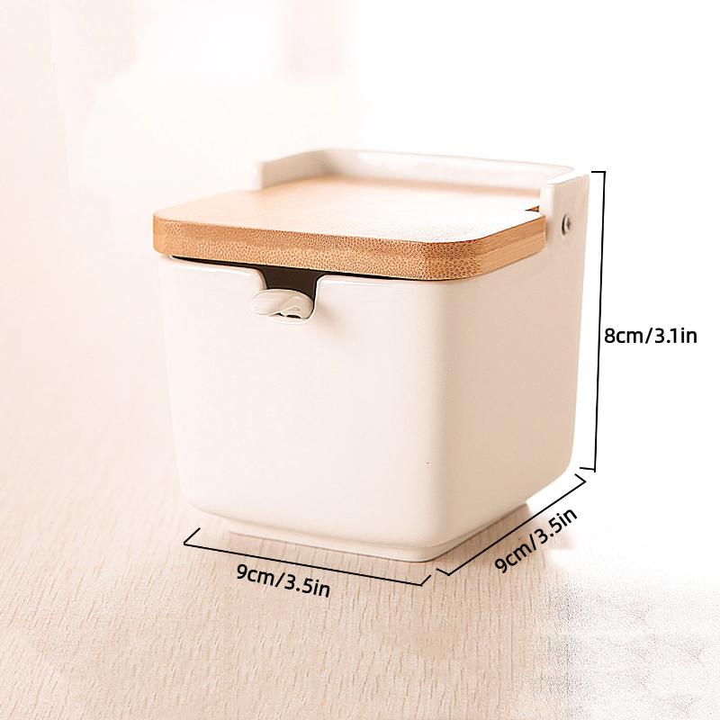 Simple Ceramic Seasoning Jar Bamboo Lid Spice Jar With Spoon Kitchen Sugar Salt Spices Storage Box Household Container