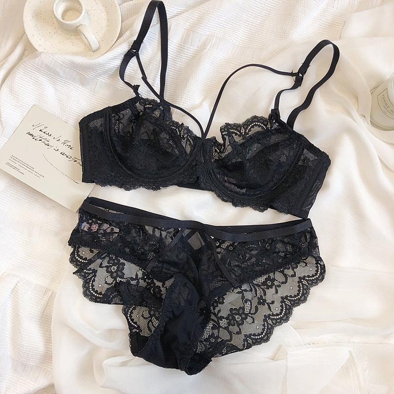 French Ultra-Thin Lace Push-Up Bra Set with Side Support, Underwire, for Large Busts