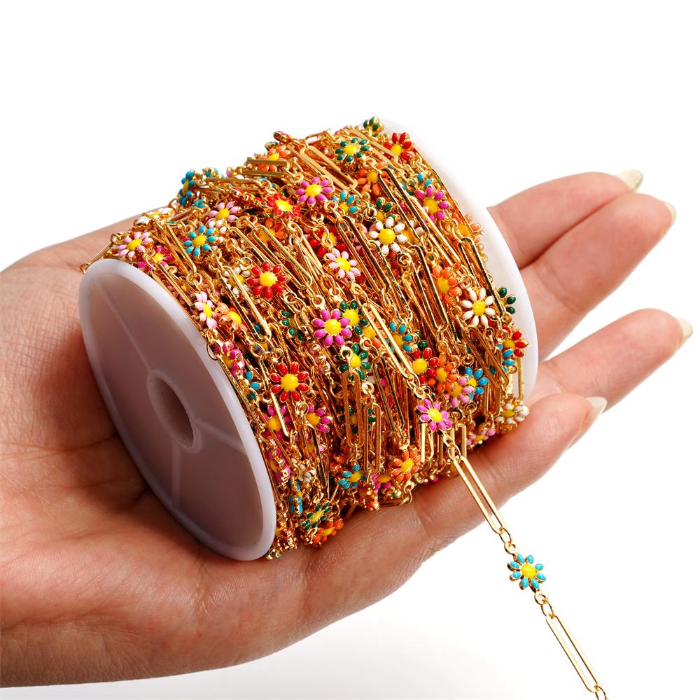 1Meter Copper Chain Enamel Daisy Flower Beaded Charm Paper Clip Chains for DIY Handmade Jewelry Making Necklace Bracelet