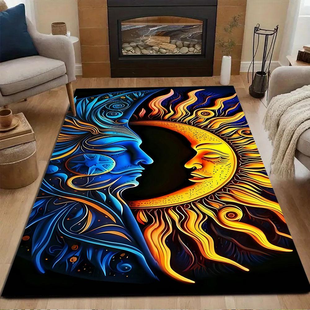 Sun and Moon Celestial Faces Patterned Carpet, Non Slip Mat Suitable for Living Room and Bedroom Sofas
