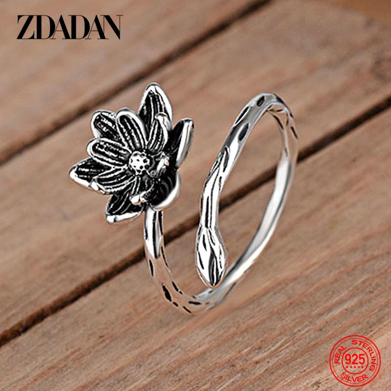 925 Sterling Silver Vintage Black Lotus Ring for Women Fashion Jewelry