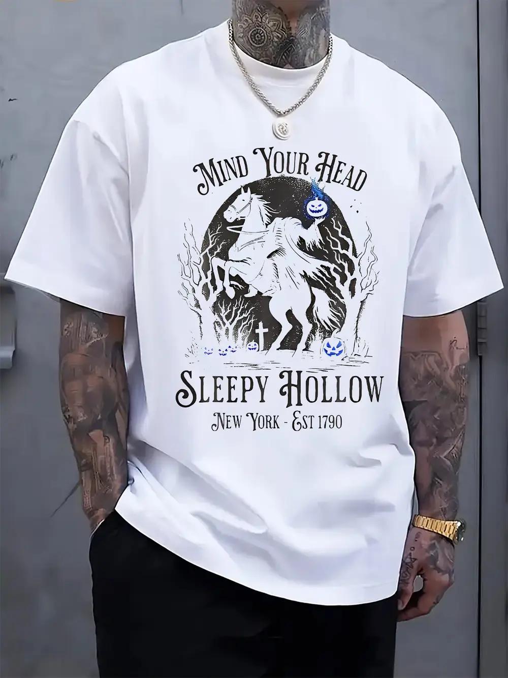 

Graphic Print Round Neck Short Sleeve T-shirt - Mind Your Head Sleepy Hollow Design S