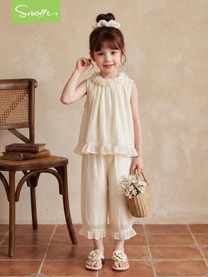 Girls' Apricot Petal Collar Doll Shirt and Cream Lyocell T-shirt Shorts Set