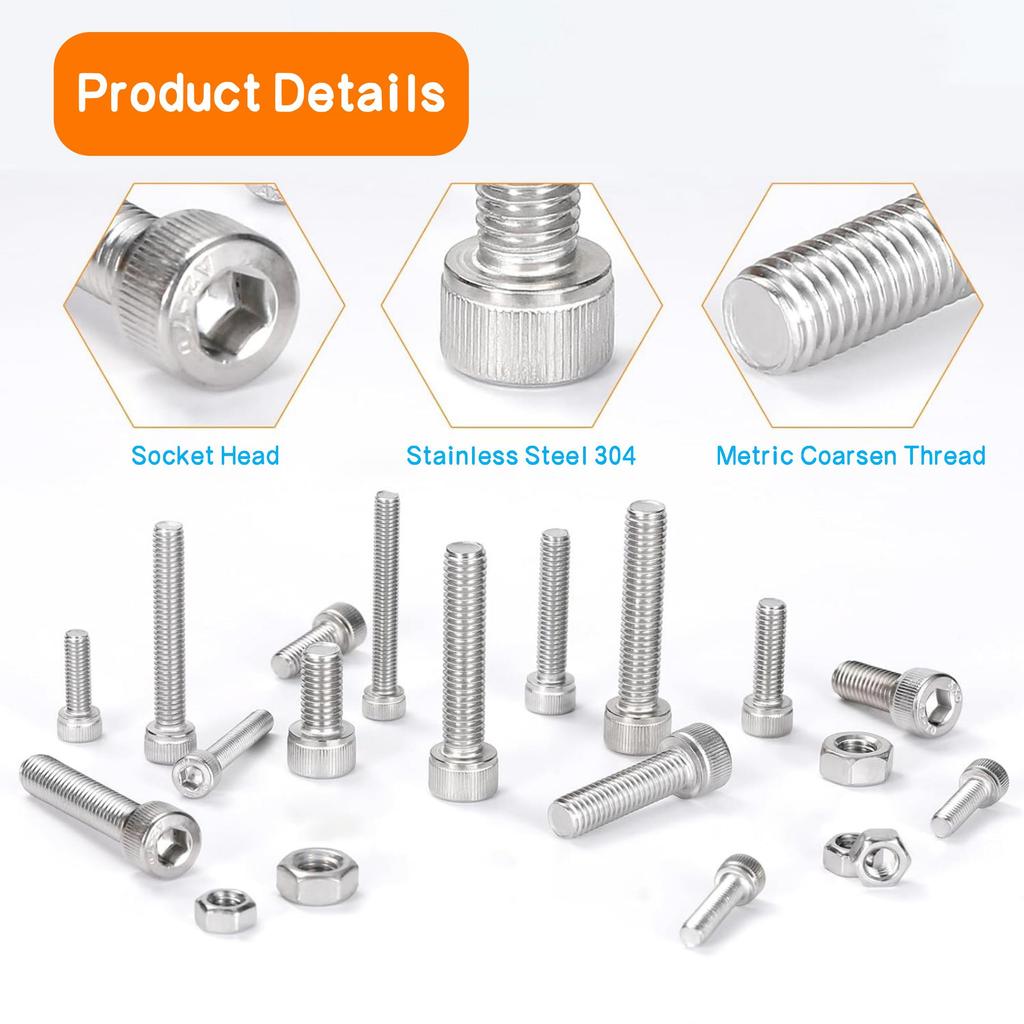 Stainless Steel Internal Hex Screws, Multi-Spec Nut and Bolt Set, M4/M5/M6 Internal Hex Screws, Suitable for Shelf Fixing