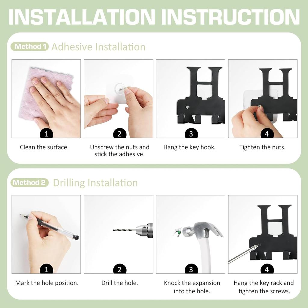 Key Holder Wall Mount, Adhesive Metal Key Hanger with 6 Double Hooks, 2 Tallation Methods, Black