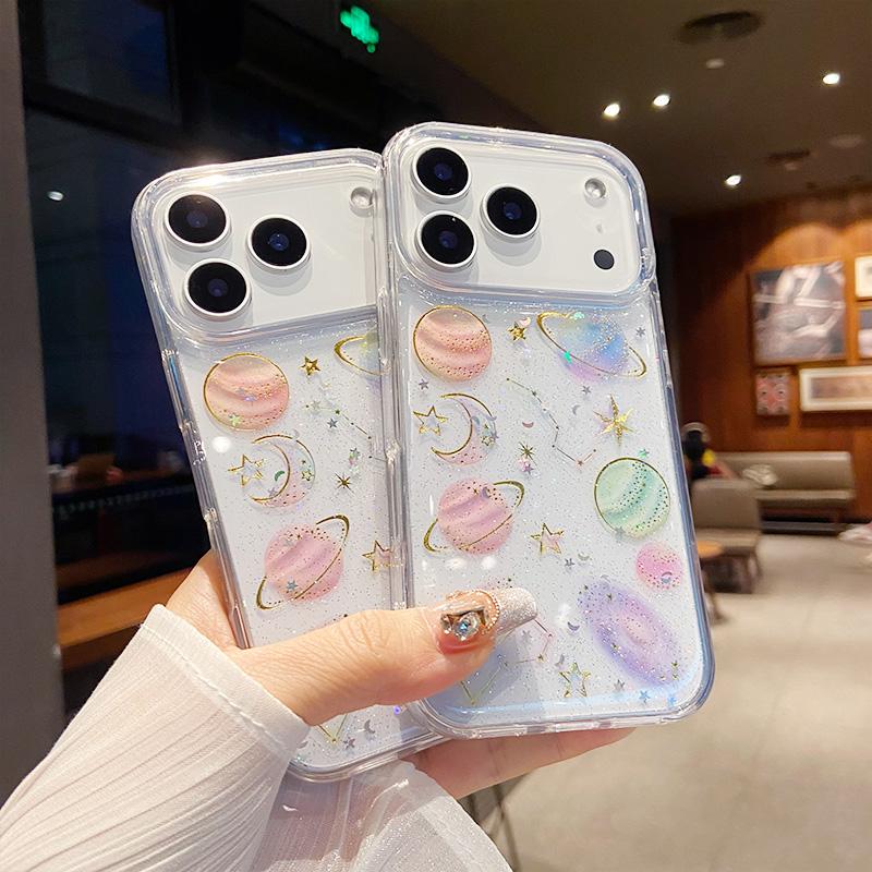 Luxury Glitter Sequins Planet Clear Phone Case for IPhone 17 Air 16 15 14 13 12 Pro Max Transparent Epoxy Silicone Cover Capa