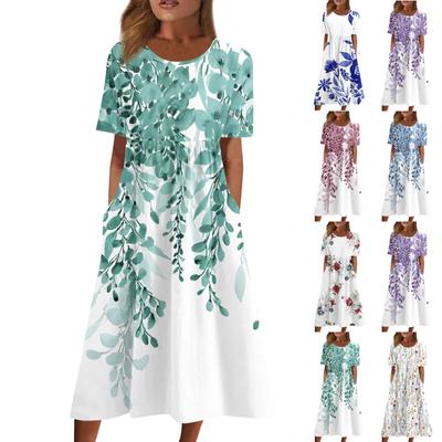 Women's Casual Dresses Printed Dresses Summer Dresses Printed Pleated O-Neck  Loose Dresses