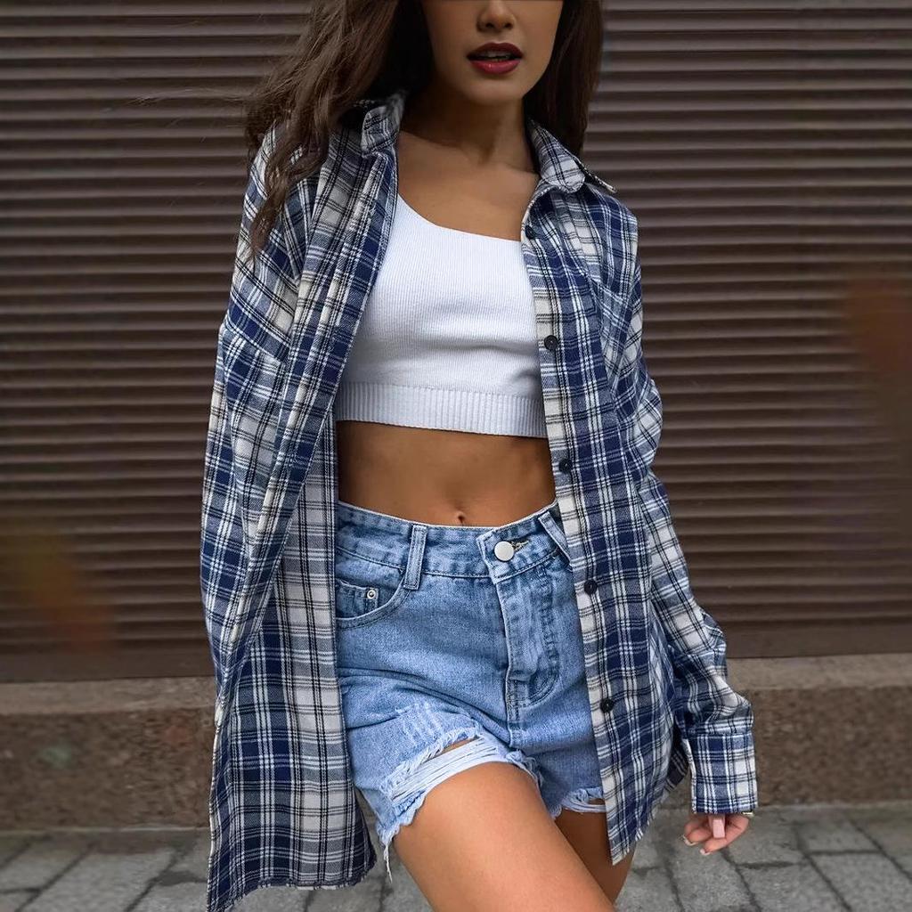 Women's Versatile Plaid Turn-Down Collar Blouse - Loose Fit, Long Sleeve, with Pockets, European & American Style, 2025 Collection.