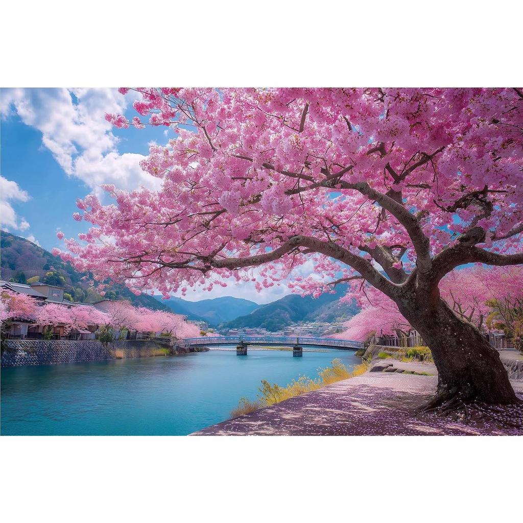 300-piece puzzle - cherry blossoms are full bloom along banks Kansai River creating breathtaking spring scene. gift family friends 40cm x 28cm.