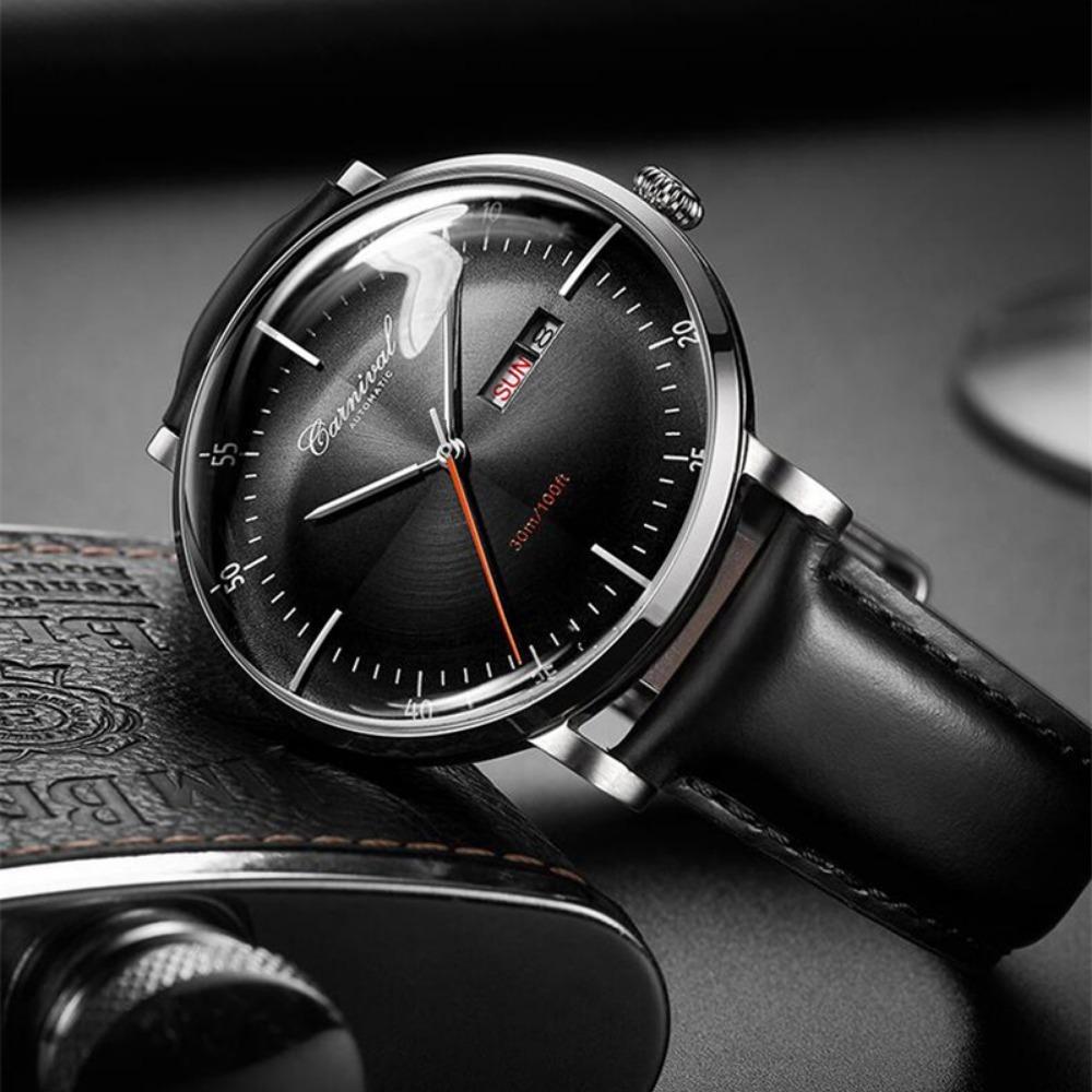 Carnival Marke 3D Gewölbtes Zifferblatt Luxus Automatikuhr für Mann Leder Wochentag Datum MIYOTA Mechanische Uhr Sport-Armbanduhr Männlich