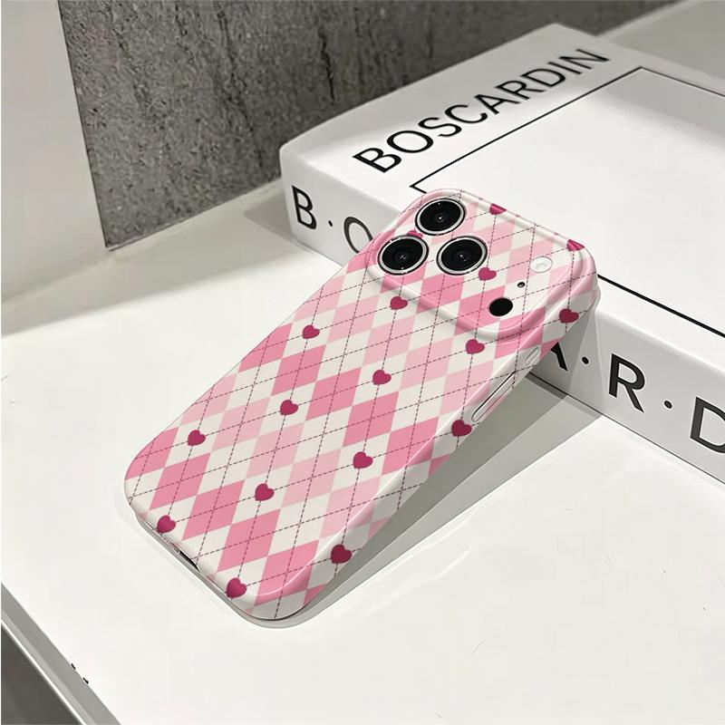 Cute Sweet Pink Argyle Heart Diamond Checkered Art Graphic Film Aesthetic Protective Shockproof Bumper Phone Case For iPhone 14 15 16 Pro Max Plus