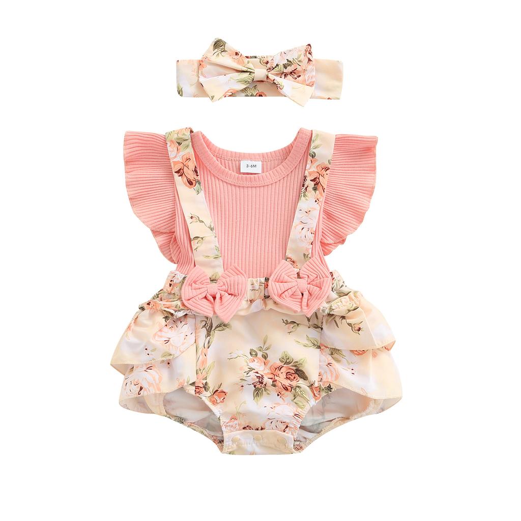 Baby Girls Two-piece Clothes Set, Pink Floral Printed Pattern Fly Sleeves Romper and Bow Knot Headdress, 0-18 Months