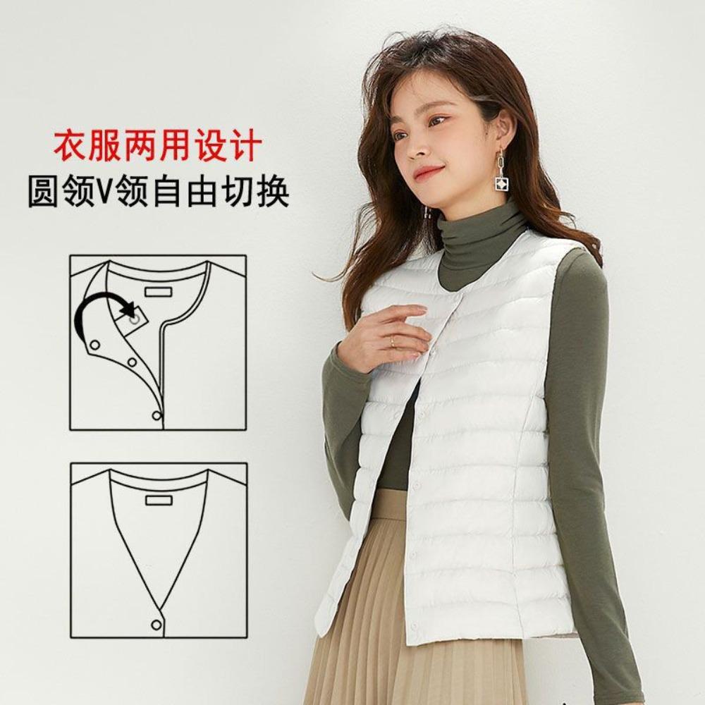 Women's V‑Neck Sleeveless White Duck Down Vest Regular Fit Commuter Layering Gilet