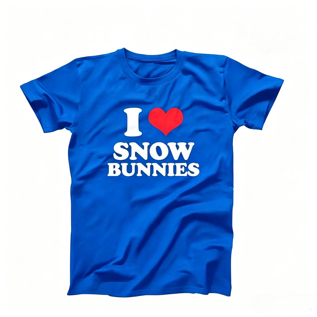 I Love Snow Bunnies Red Heart Slogan T Shirt Minimalist Letter Graphic Ski Lover Casual Oversized Unisex Black Short Sleeve Tee