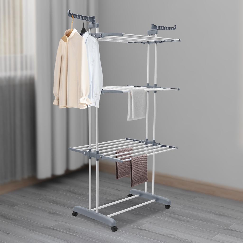 Gray Foldable Clothes Drying Rack, Stainless Steel Garment Dryer Stand, 4-Tier Laundry Rack with Side Wings, Sturdy Metal Frame