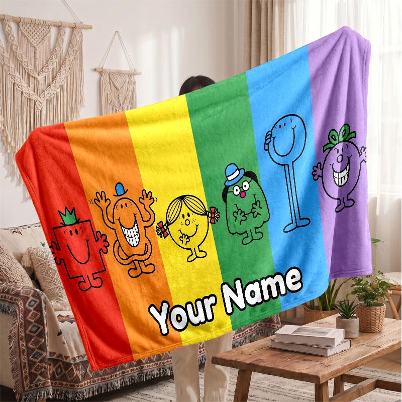 Mr. Men & Little Miss Personalized Flannel Blanket, Custom Printed Text Name, Warm Soft Blanket For Couch Bed
