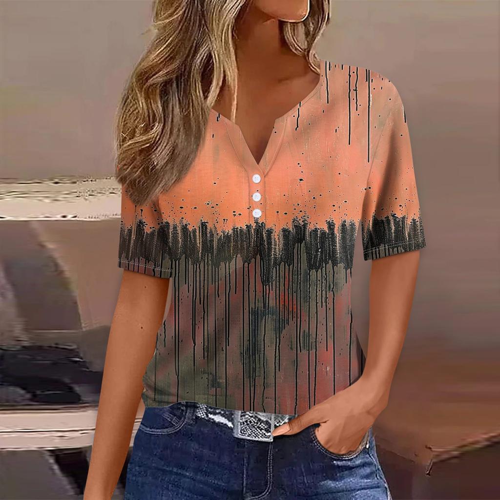 Women's T Shirt Tee Print Button Short Sleeve Daily Weekend Fashion Basic V- Neck Regular Top