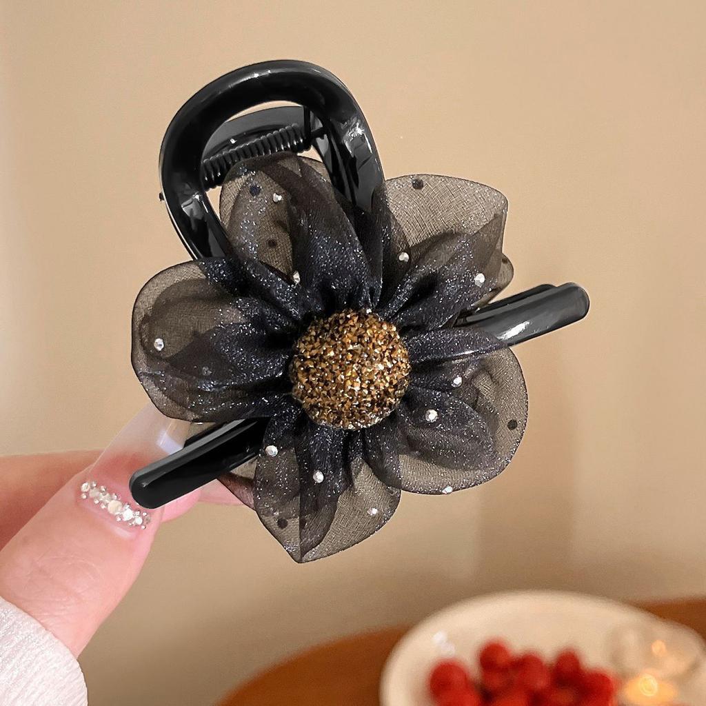 Women Gauze Flower Hair Clamp Flower Gauze Hair Claw with Rhinestone for Women and Girls Hair Accessories