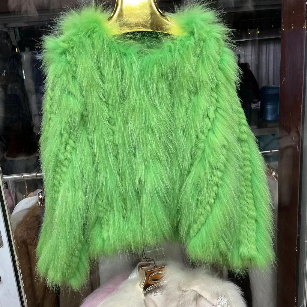 Real Raccoon Fur Woven Coat for Women Short Style Fur Rabbit Fur Long Sleeves Stylish Real Fur Round Neck Coat