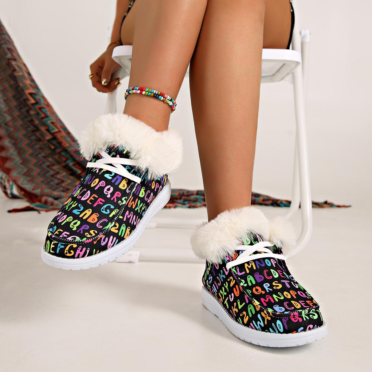

Модная женская парусиновая обувь с граффити, утепленная пушистым флисом, кроссовки с низким верхом, зимние теплые ботильоны из короткого плюша, женская обувь 43 чёрный