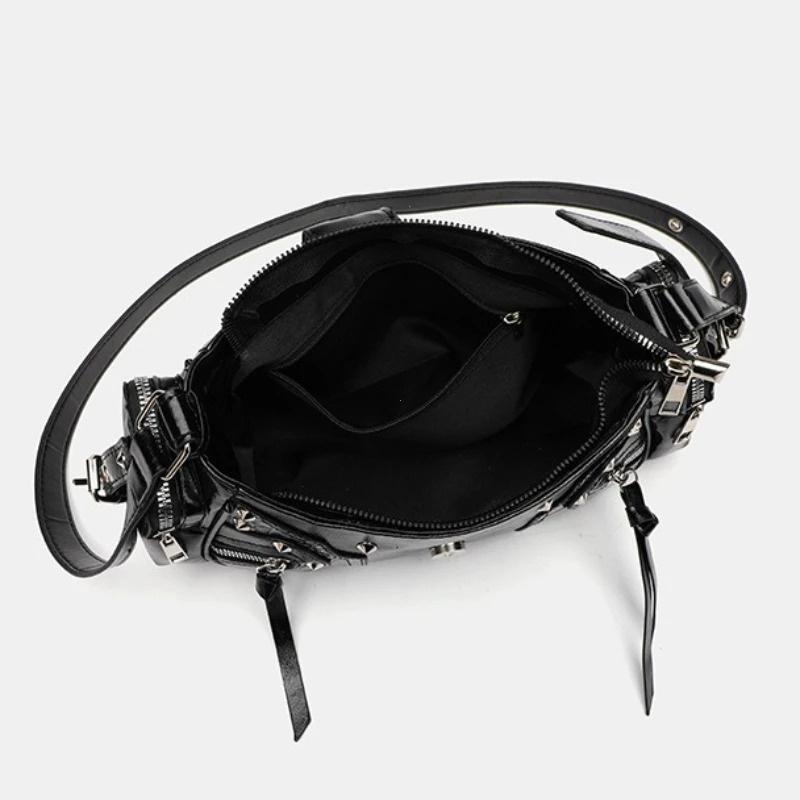 Women's Y2k Punk Vintage Shoulder Purse PU Leather Gothic Rivet Handbag Waist Bag Luxury Black Cross Body Bags with Spikes