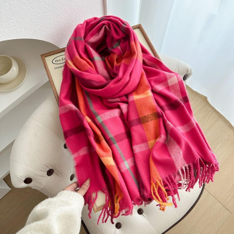 Autumn and winter double-sided color matching plaid fringed scarf, simple and versatile warm scarf for men and women, birthday gift