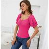 Women's T-shirt solid color puff sleeves V-neck waist-hugging slim T-shirt clothes sale
