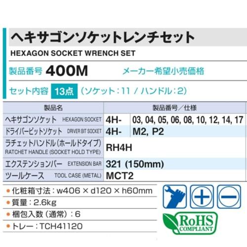 TONE Hexagon Socket Wrench Set, 400M, 12.7mm (1/2") Drive, Silver, Includes 13 Pieces