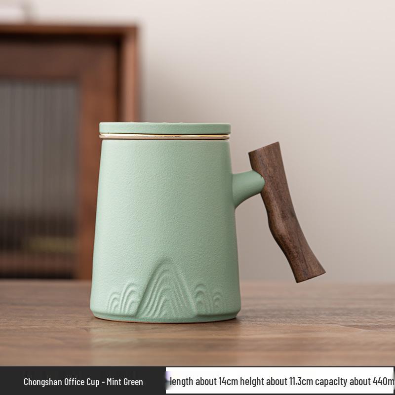 Ceramic Tea Cup with Water Separation, Large Capacity, All-Ceramic Filter, Walnut Wood Handle, Customizable Logo.