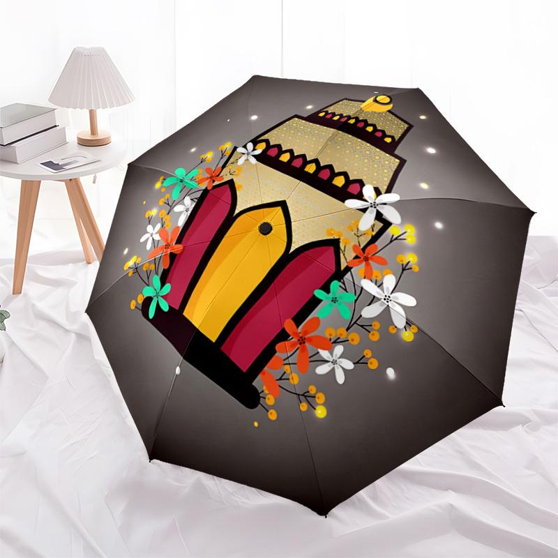 1pc Lantern Automatic Folding Umbrella - 8-Rib Iron Frame, Windproof, Portable Sunshade with Plastic Handle for Travel & Outdoor Activities,