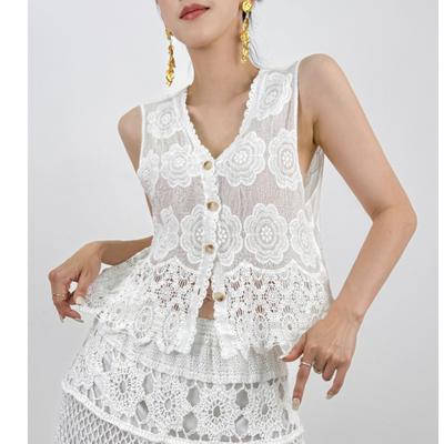 DIMANAF 2025 Nieuwe Korte Vest T-Shirt Vrouwen Mouwloos Knopen Breisel Kant Vest V-Hals Zomer Basic Tops T-Shirts Los