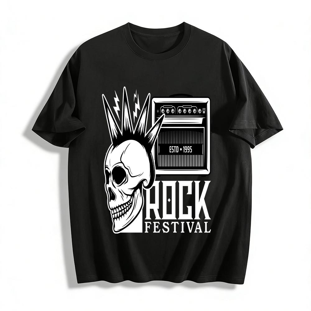 

Vintage Punk Skull Amp Print Rock Style Short Sleeve T-Shirt ESTD 1995 Pure cotton T-shirt XXS