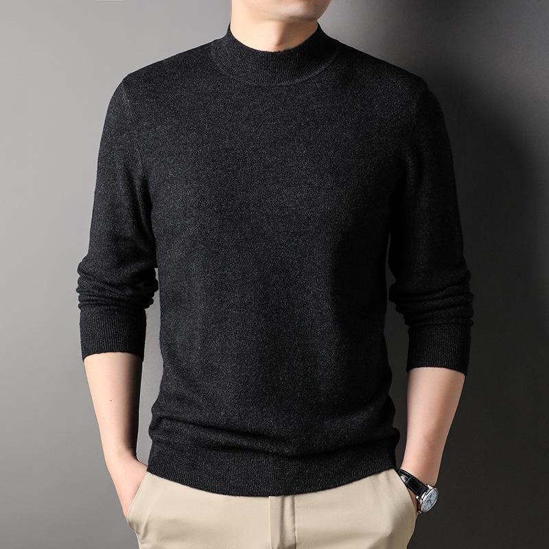 Machine Washable Thickened Full Wool Men's Half Turtleneck Sweater Versatile Solid Color Warm Knitted Base Sweater Men