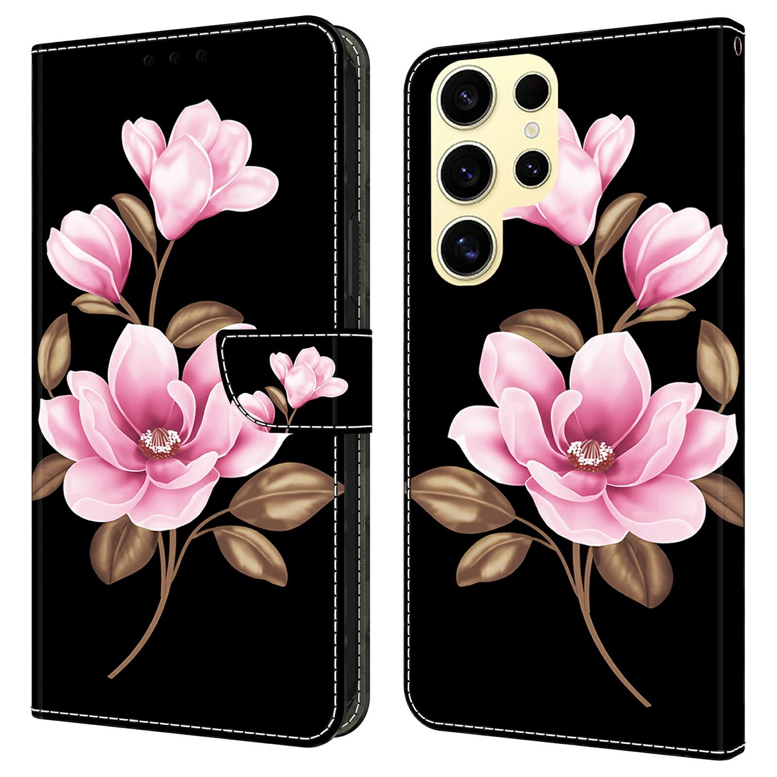 

For Samsung Galaxy S25 Ultra Case Pattern Printing Anti-Drop Leather Flip Wallet Phone Cover Black/Flowers