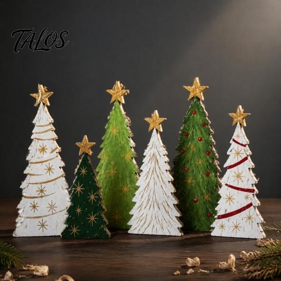 Eco Friendly Painted Wood Trees 6Pcs Wooden Christmas Tree Tabletop Decor Set, Rustic Star Topped Retro Seasonal Mantel Decorations Mini Figurines,