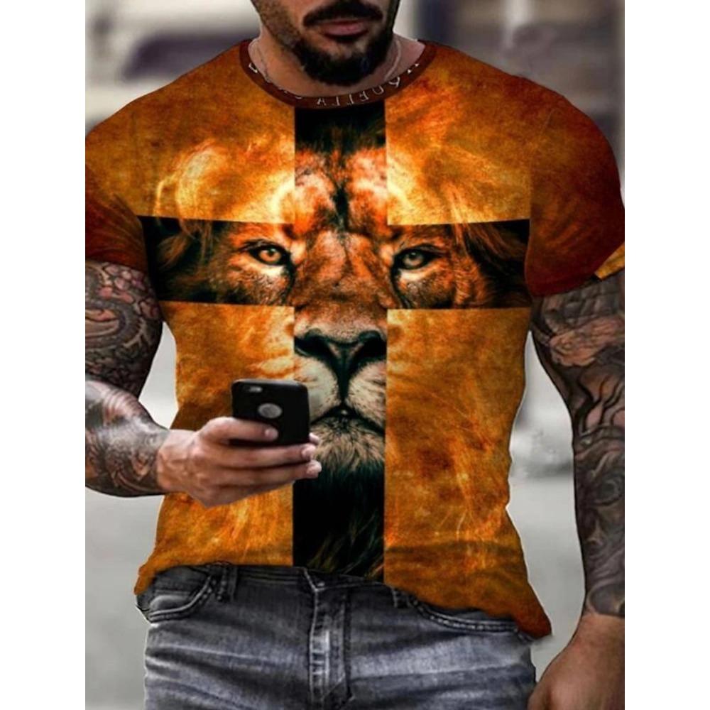 2026 New Men's Gender-Neutral T-Shirt 3D Printed Lion Round Neck Casual Short Sleeve Top Street Wea Men'st-Shirtoversizedt-Shirt