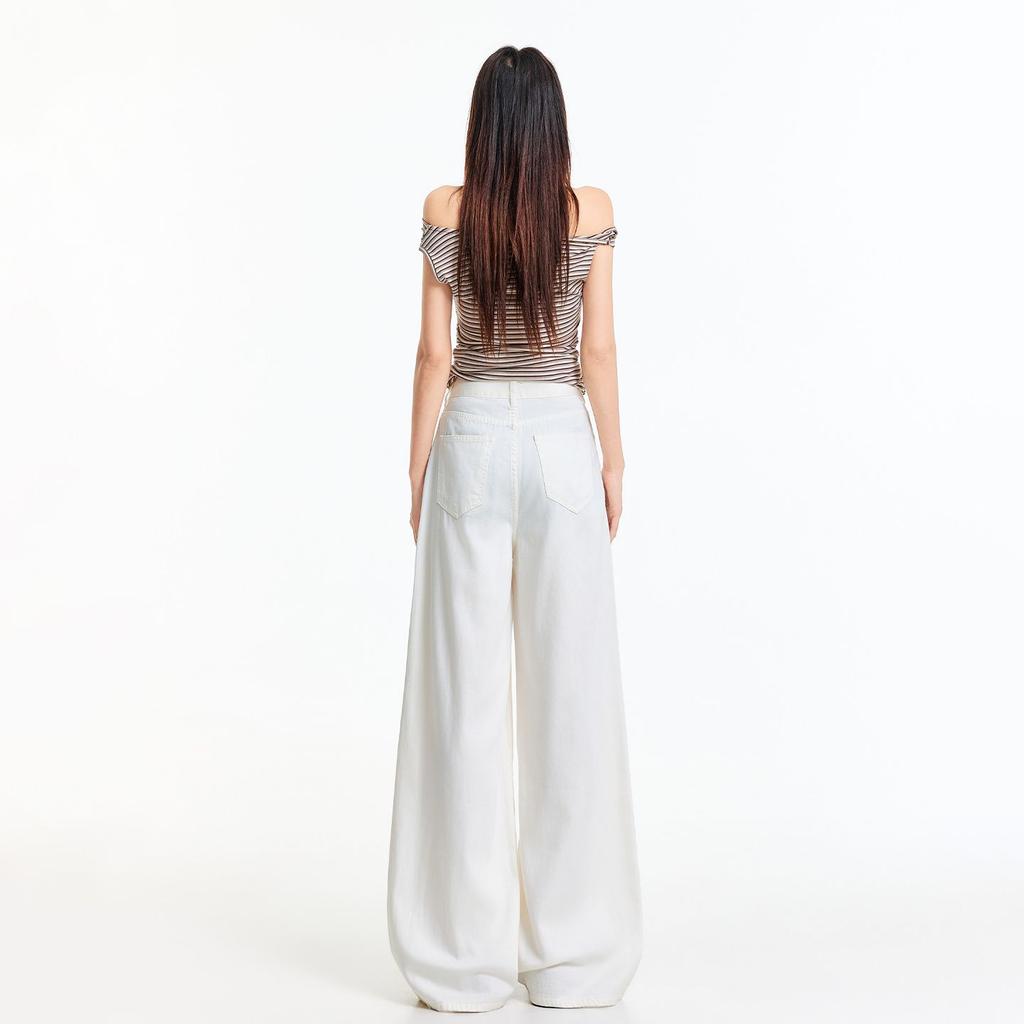Spring Summer Three Proof Tencel Cotton Pure White Breathable Functional Loose Fit Denim Pants For Women Casual Pants Oversize Denim Trousers