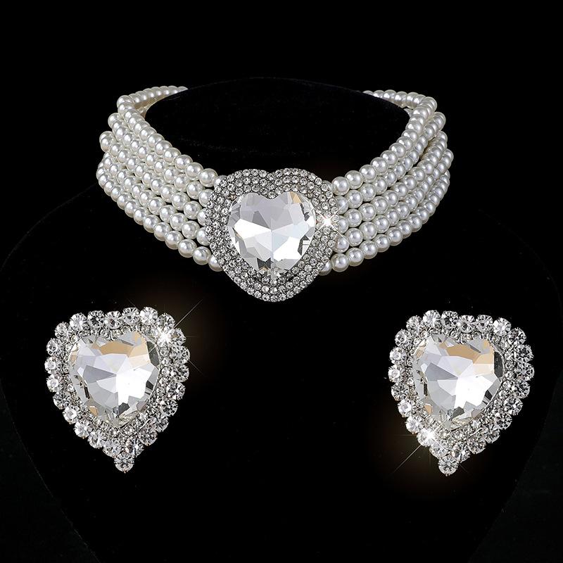 Exaggerated multi-layer imitation pearl peach heart crystal necklace earrings set bridal love rhinestone neck chain women
