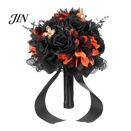 Faux Flower Bouquet Gothic Style Wedding Bouquets for Bride And Bridesmaid, Artificial Halloween Bouquet, Cobweb Arrangement Black Rose Blooms