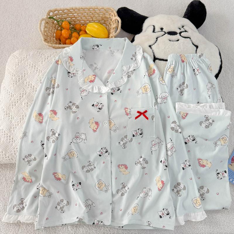 Cute lace pajamas women's spring and autumn new imitation cotton long-sleeved cartoon puppy dog loungewear set