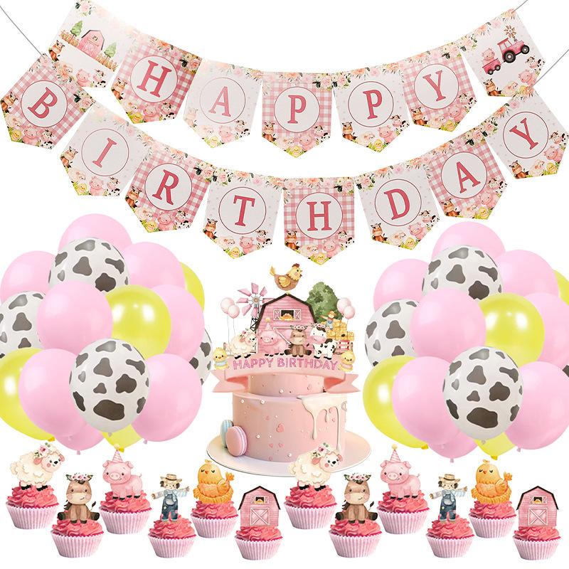 Pink Farm Ranch Animal Birthday Party Cow Banner Balloon Cake Insert Decorative Set