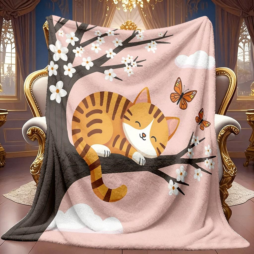 1pc 2D Orange Cat Sleeping Branch Butterfly Floral Theme Pattern Flannel Blanket, Soft HD Digital Print, Cooling Blanket All-Season Use! Soft And Brea