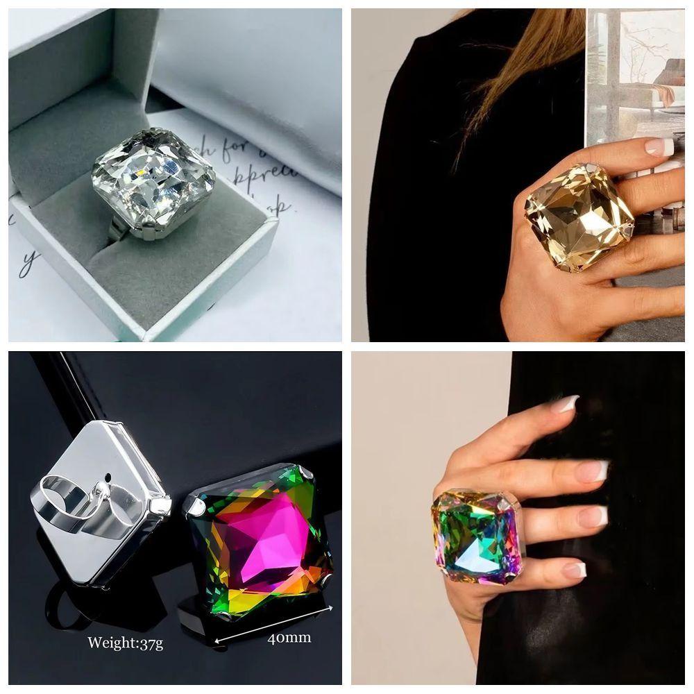 Adjustable Size Square Rhinestone Ring Square Shape Large Crystal Ring Adjustable Crystal Ring