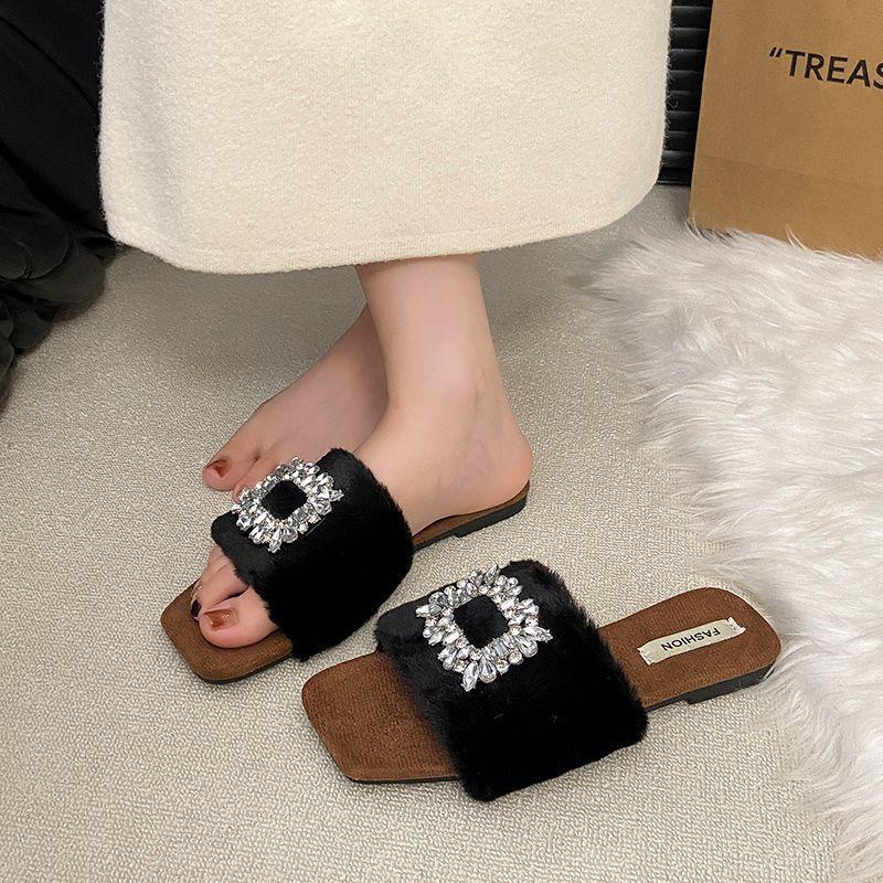 Retro Internet celebrity fairy wind word with fluffy slippers women wear 2025 autumn and winter new flat slippers
