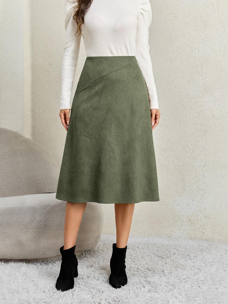 Damen Unifarbener Patchwork Wildleder Reißverschluss Rock Hohe Taille Schnalle Umwickelte Hüfte Kurzer Rock Mittellanger Rock