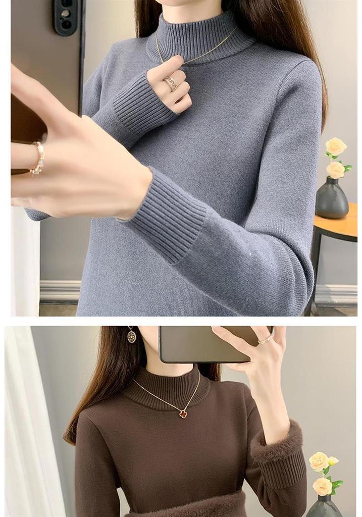 2025 Women's Autumn/Winter Half-High Collar Velvet-Lined Knit Sweater