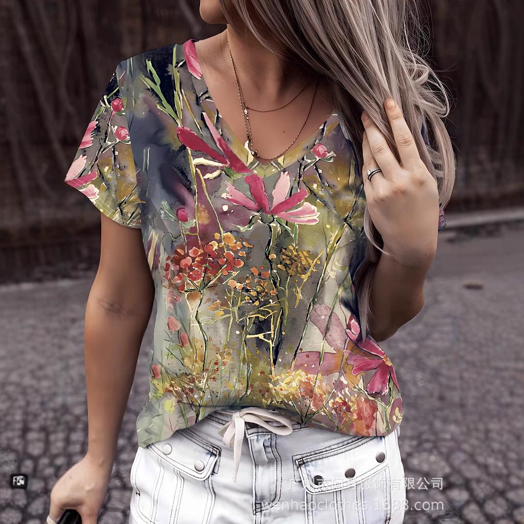Summer V-neck 3D Flower Pattern Printed Top Fashionable Casual Short Sleeved Women's T-shirts