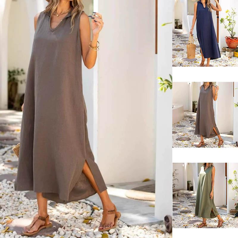 

Women s Long Sleeveless V-Neck Maxi Dress in Solid Colors, Flowy Ankle Length Summer Dress with Side Pockets, Casual Beach Dress S армия зеленый