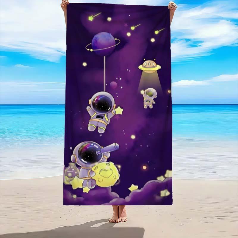 Cartoon Space Illustration Beach Towel | Polyester, Quick-Dry, Super Absorbent, Thick and Soft, Ideal for Beach, Pool, Bathroom