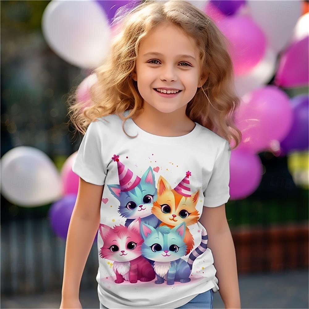 Children's Cute Animal 3D Digital Printed Girl Fashion Casual Round Neck Short Sleeved T-shirt
